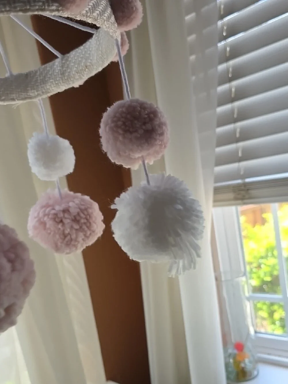 Pom Pom Baby Mobile - Pink & White Nursery Decor - Picture 2 of 8